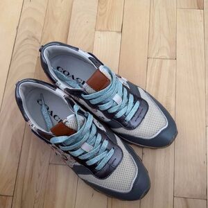 Coach Mixed-Material Sneakers in Gray, Cream & Light Blue
